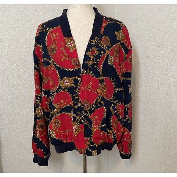 August Silk Jackets & Blazers - Vintage Silk Red Blue Gold Nautical Bomber Jacket Medium Regal Old Money